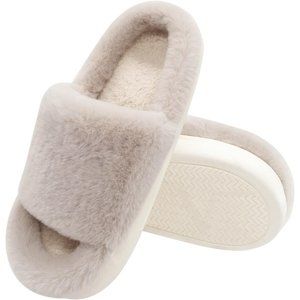 Womens Slippers Fuzzy Fluffy Fur House Slippers Open Toe Memory Foam Slippers